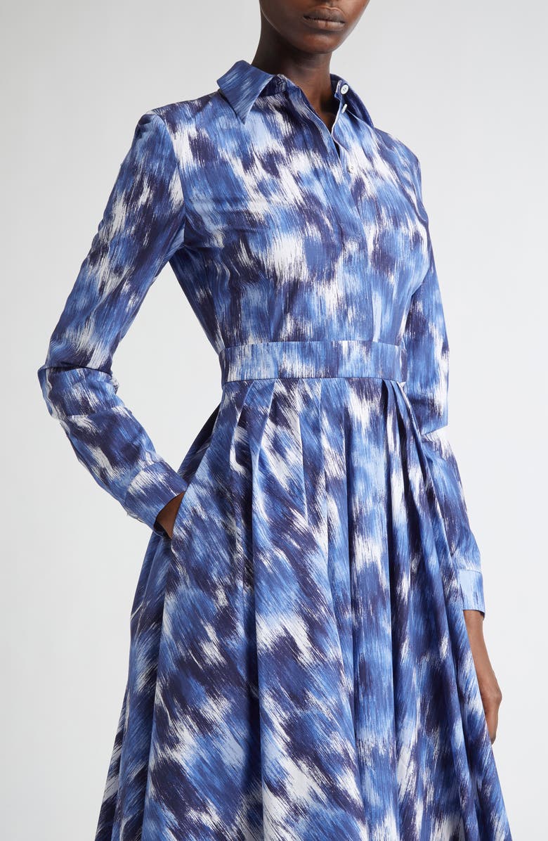 Michael Kors Collection Watercolor Floral Long Sleeve Cotton Poplin Midi Shirtdress, Alternate, color, Riviera/ Optic White