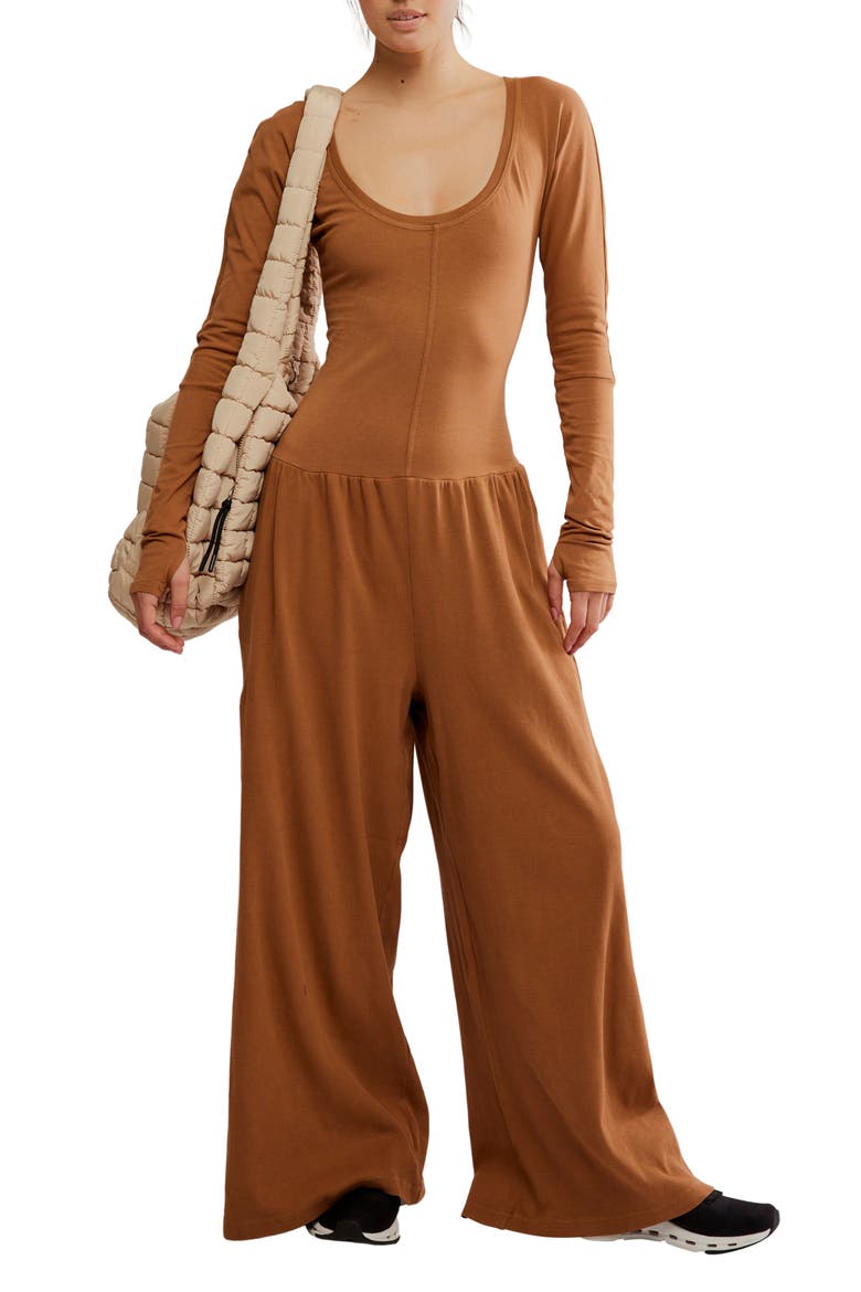 FP Movement Hot Shot Wide Leg Long Sleeve Jumpsuit, Main, color, TAN