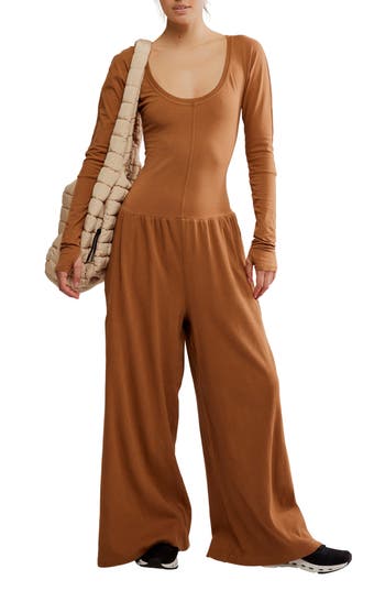 Free People Fp Movement Hot Shot Wide Leg Long Sleeve Jumpsuit In Brown