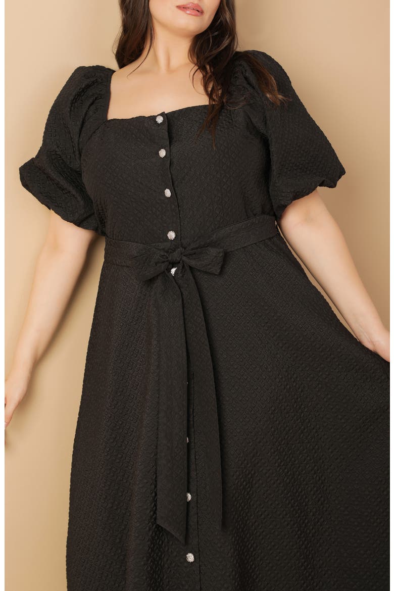 Textured Tie Waist Puff Sleeve Midi Dress, Alternate, color, BLACK