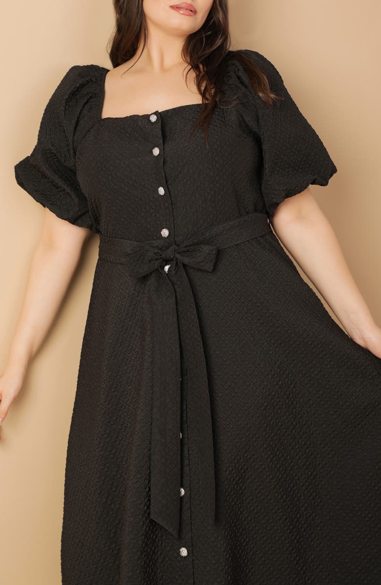 FLYING TOMATO Textured Tie Waist Puff Sleeve Midi Dress, Alternate, color, Black