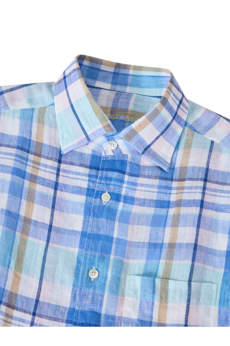 Morgan Plaid Linen Short Sleeve Shirt, Alternate, color, Aqua Multi