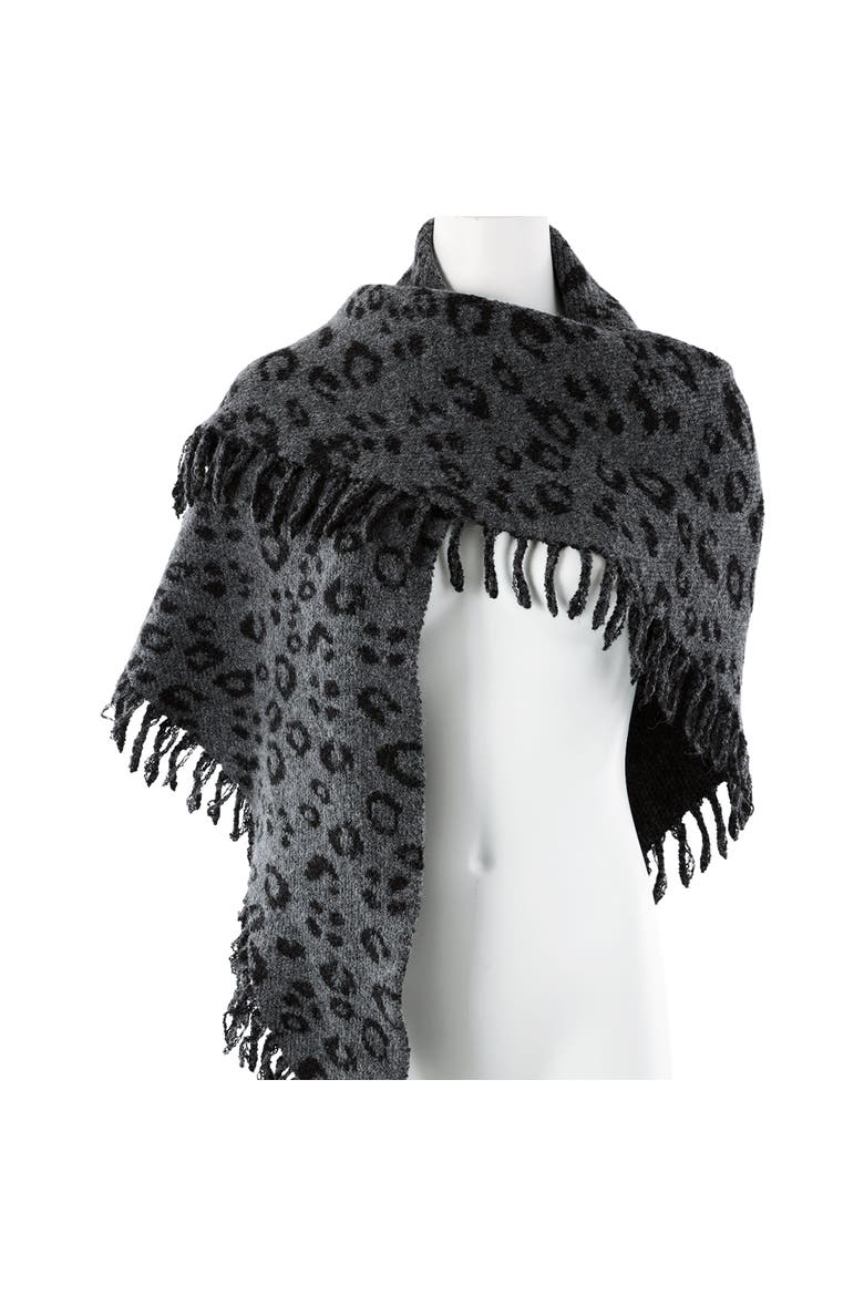 Jacquard Knit Leopard Triangle Scarf with Fringe, Alternate, color, GREY