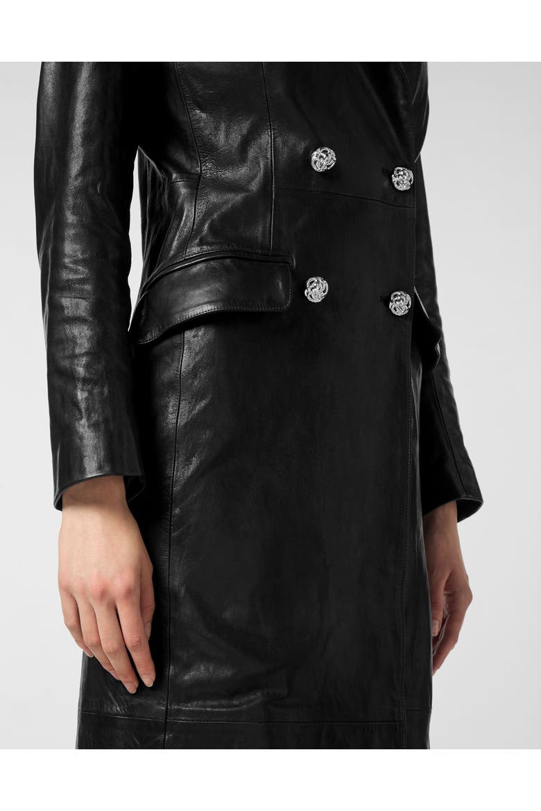 Double-Breasted Leather Long Coat Embossed Signature Women, Alternate, color, black