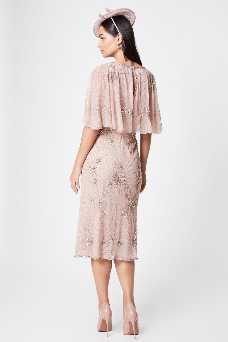 Floral Embellished Cape Midi Dress, Alternate, color, Blush