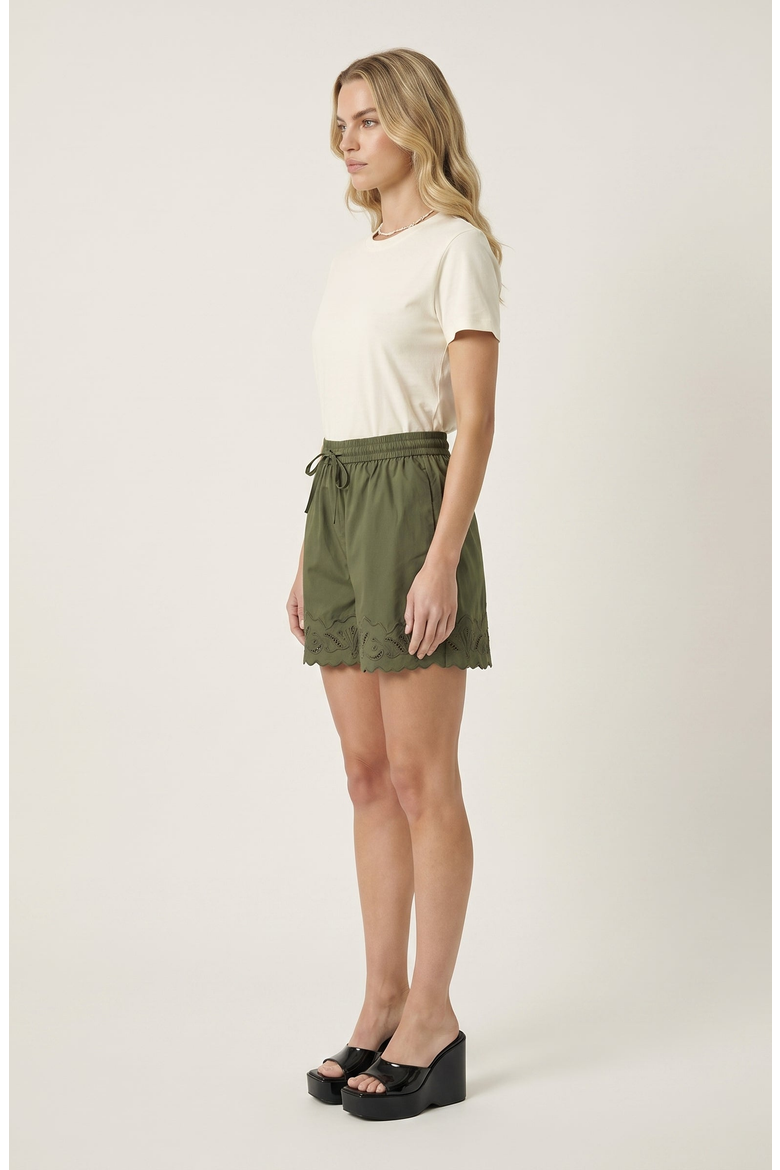 Eyelet Embroidered Shorts with Drawstring Waist and Scalloped Hems, Alternate, color, Green