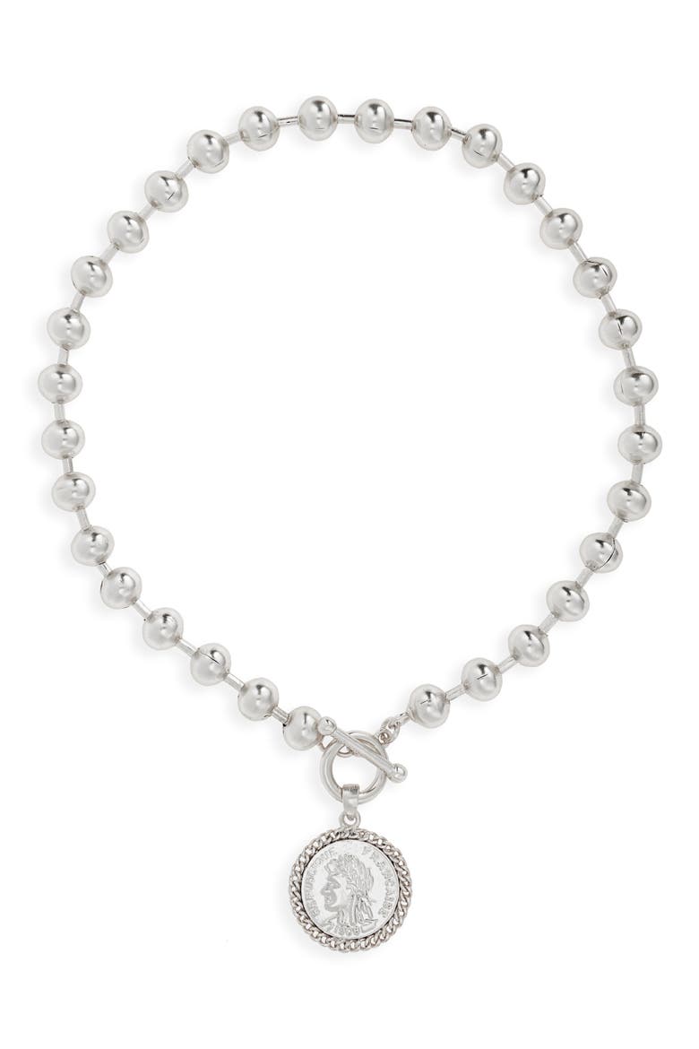 Beaded Coin Medallion Pendant Necklace, Main, color, SILVER