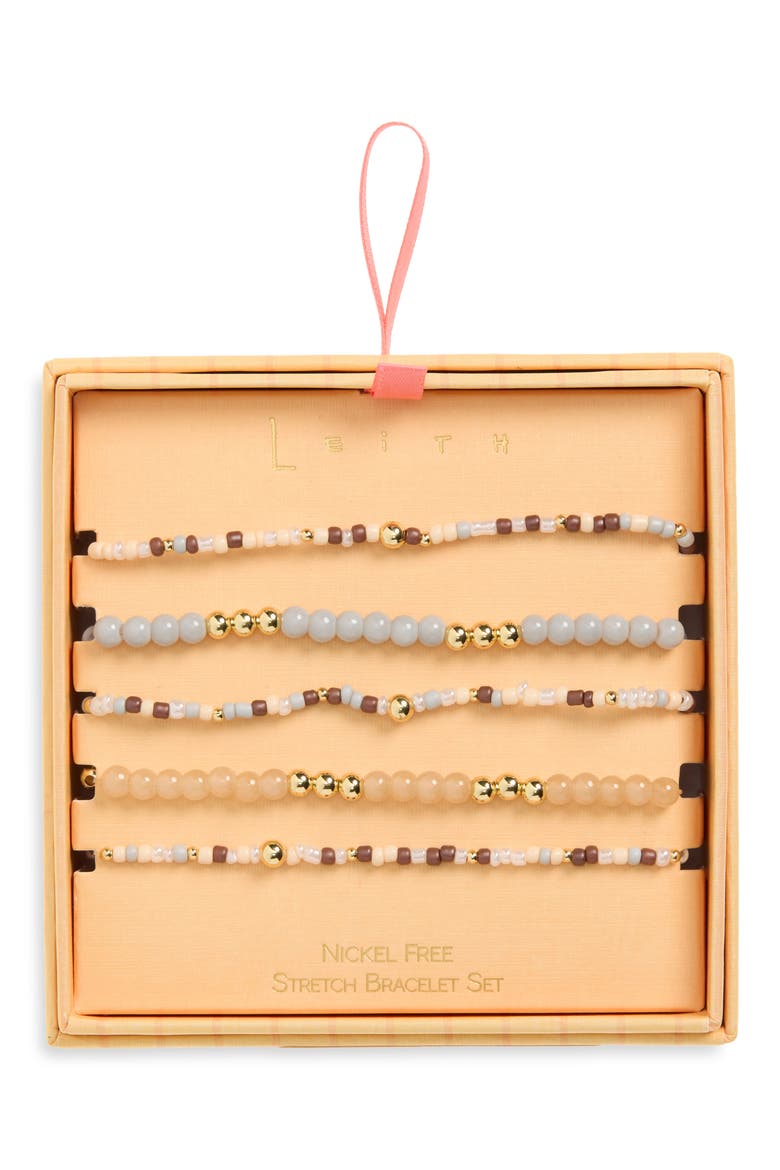 Set of 5 Beaded Stretch Bracelets, Main, color, NEUTRAL MULTI- GOLD