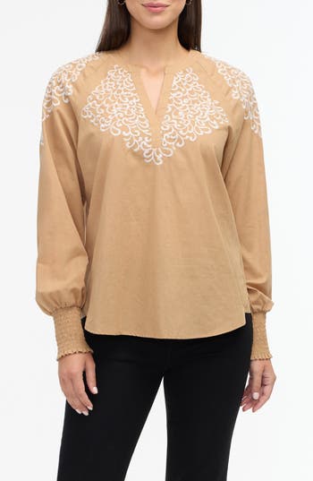Ellen Tracy Voile Embroidered Cotton Popover Top In Camel