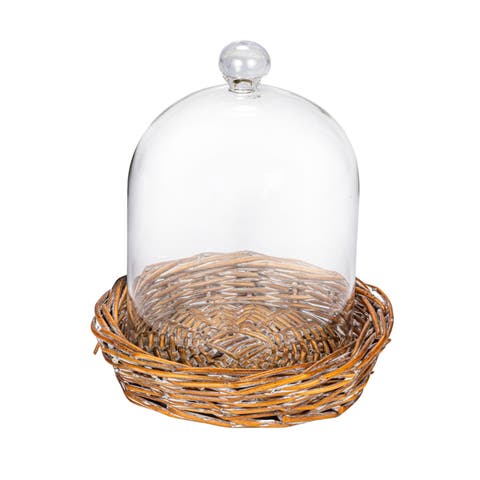 Round Glass Cloche with Woven Willow Base, Clear