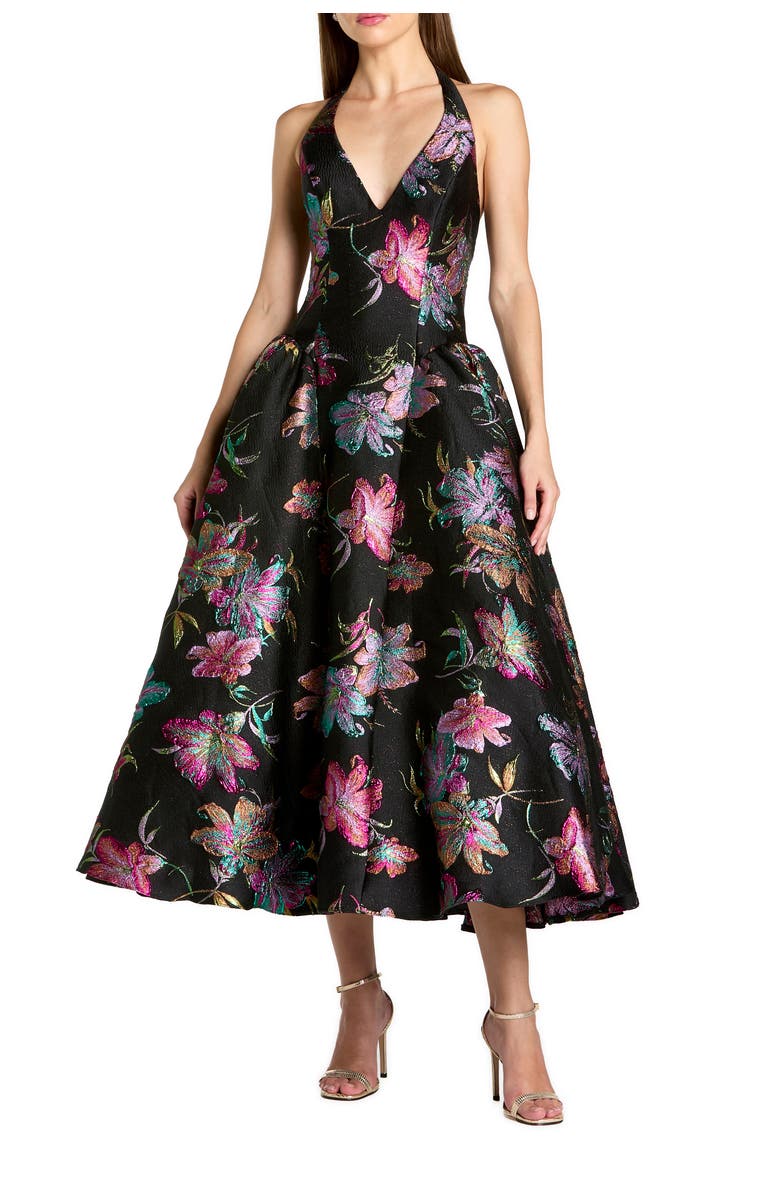 Mac Duggal Floral Brocade Halter Neck Open Back Midi Dress, Main, color, Black Multi