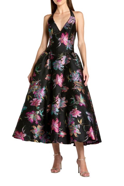 Floral Brocade Halter Neck Open Back Midi Dress