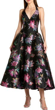 Mac Duggal Floral Brocade Halter Neck Open Back Midi Dress