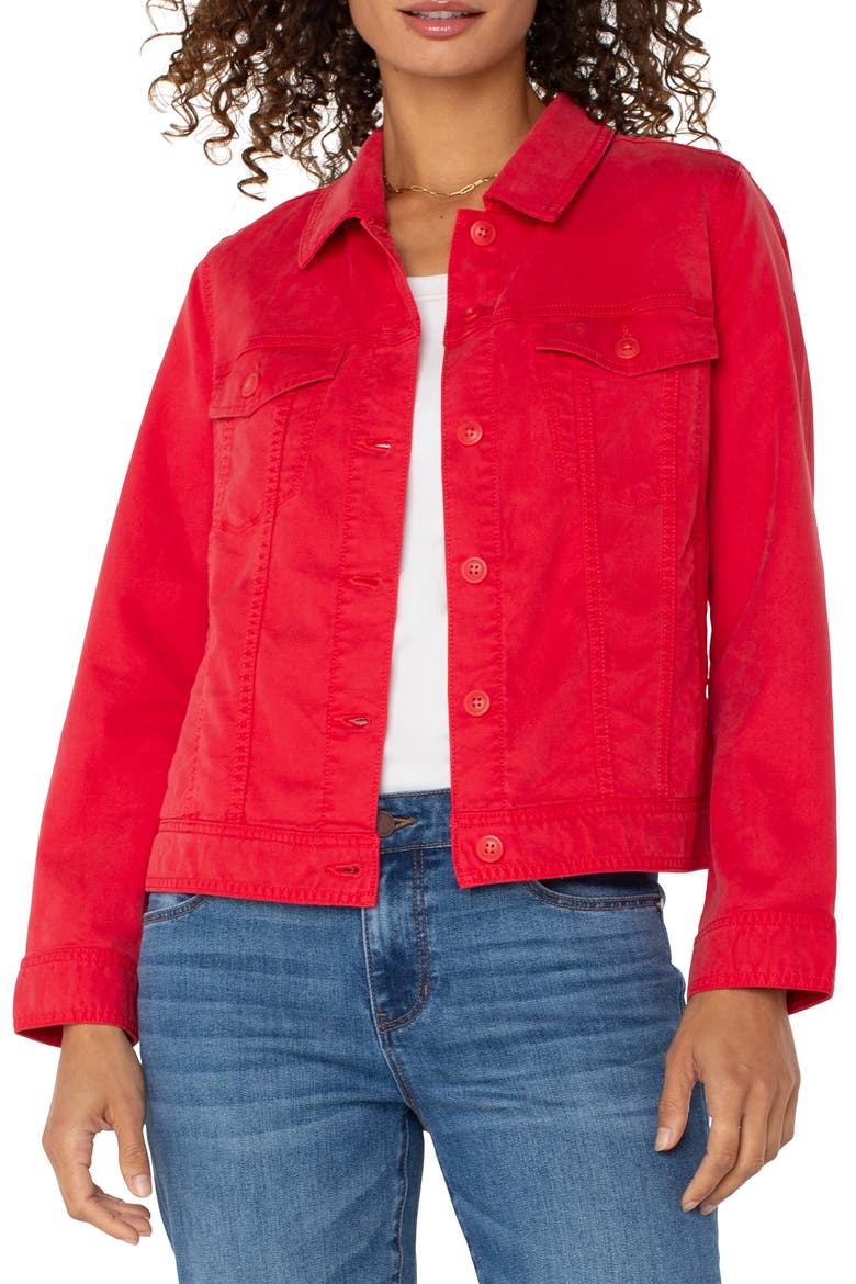 Button Front Trucker Jacket, Main, color, GERANIUM