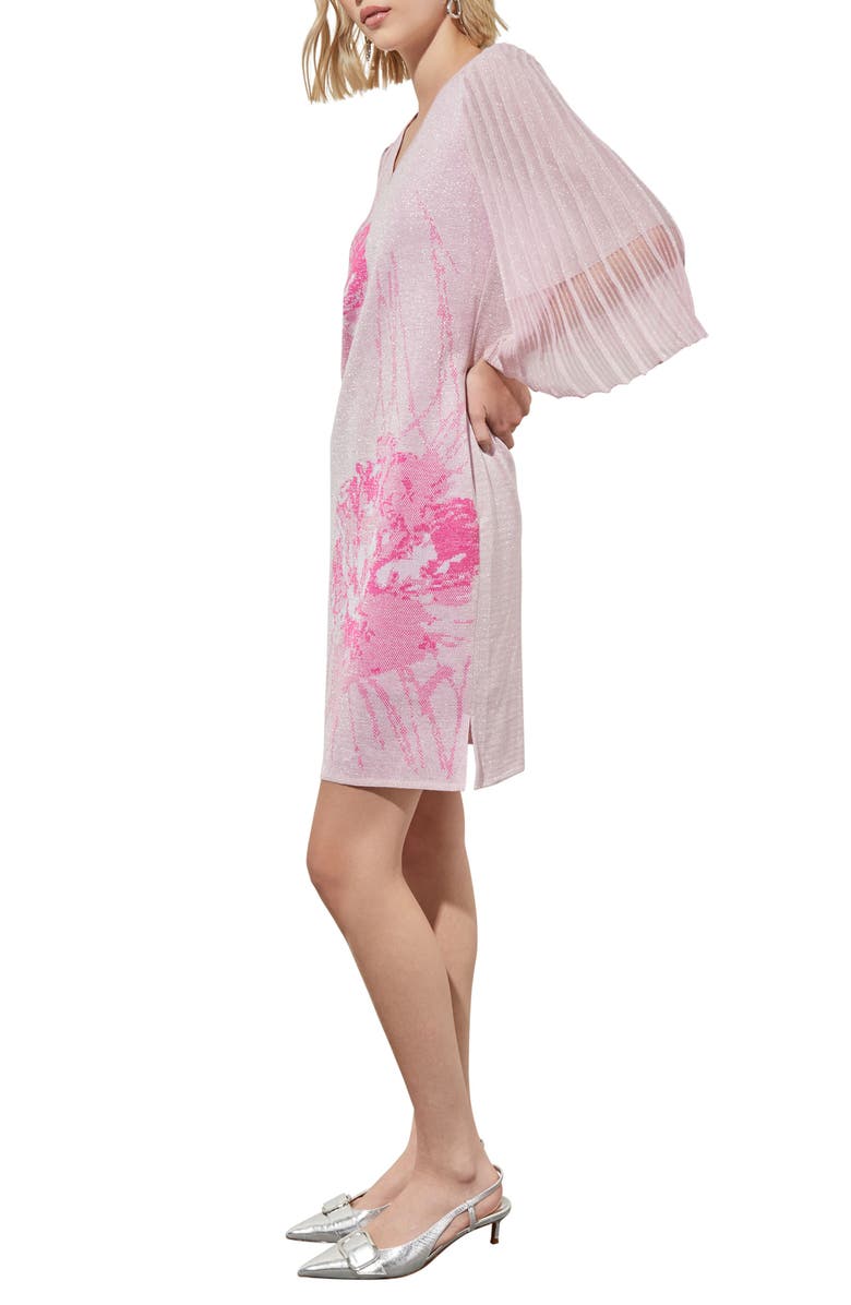 Ming Wang Floral Print Metallic Pleated Sleeve Shift Dress, Alternate, color, Perfect Pink/Carmine Rose