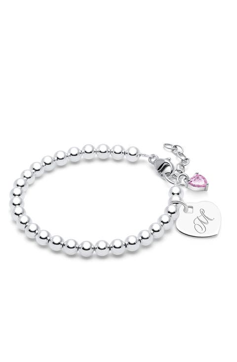 Sterling Silver 4mm Beads & Engraved Initial 6.25" Bracelet