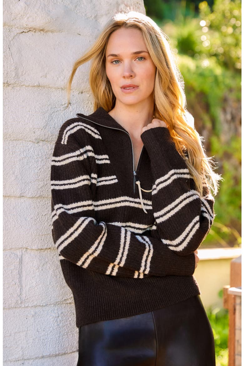 Striped Half Zip Sweater, Alternate, color, CHOCOLATE W/ CREAM