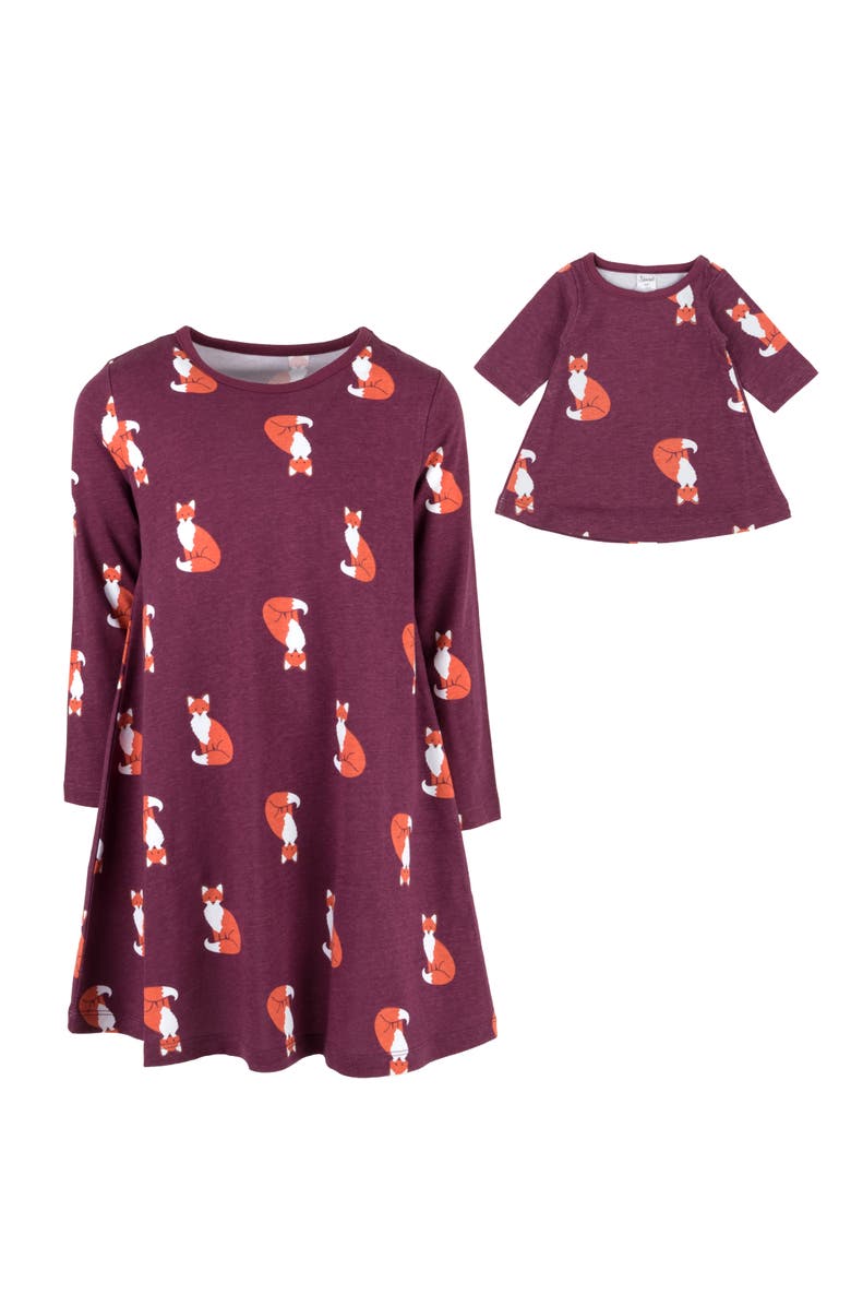 Leveret Girls Cotton Dress with Matching Doll Dress, Printed Design, Alternate, color, Fox