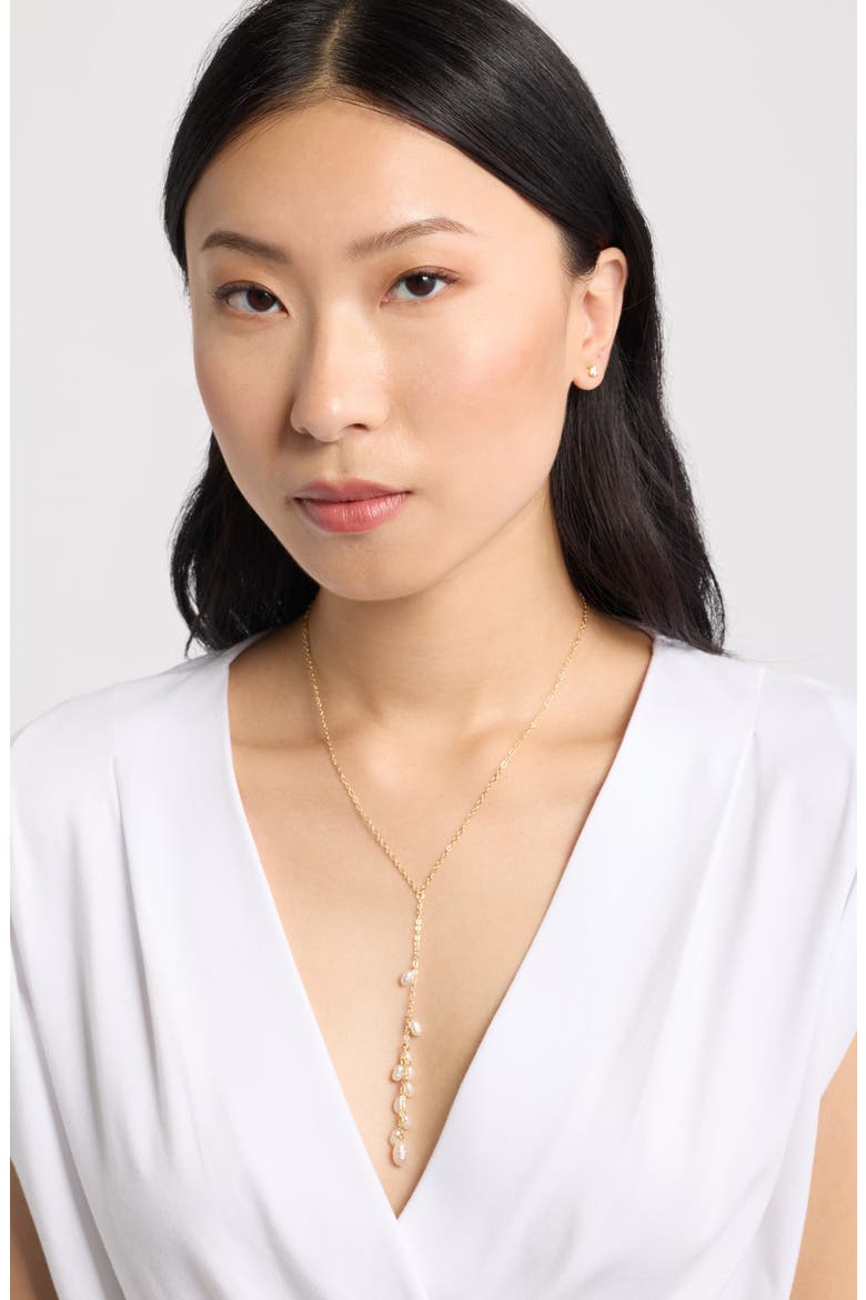 Demi-Fine Faux Pearl Lariat Necklace, Alternate, color, WHITE- 14K GOLD PLATED