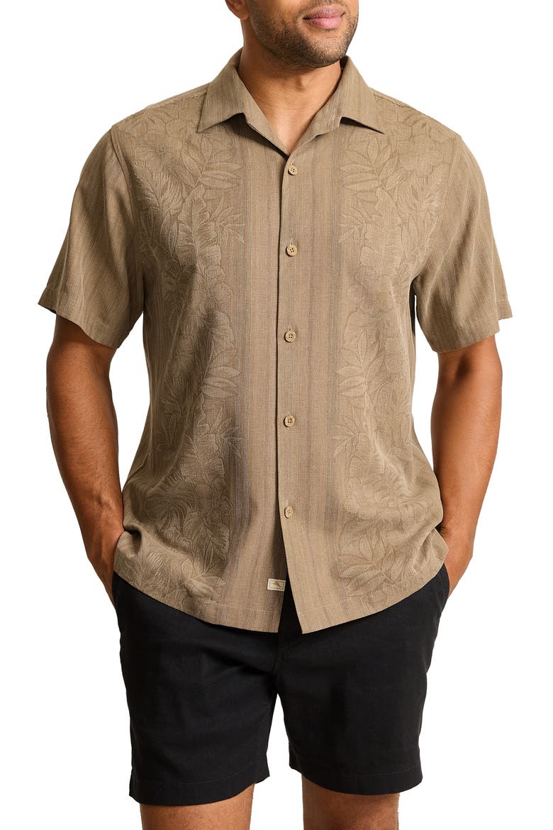 Maui Border Silk Short Sleeve Button-Up Shirt, Main, color, SOFT BROWN