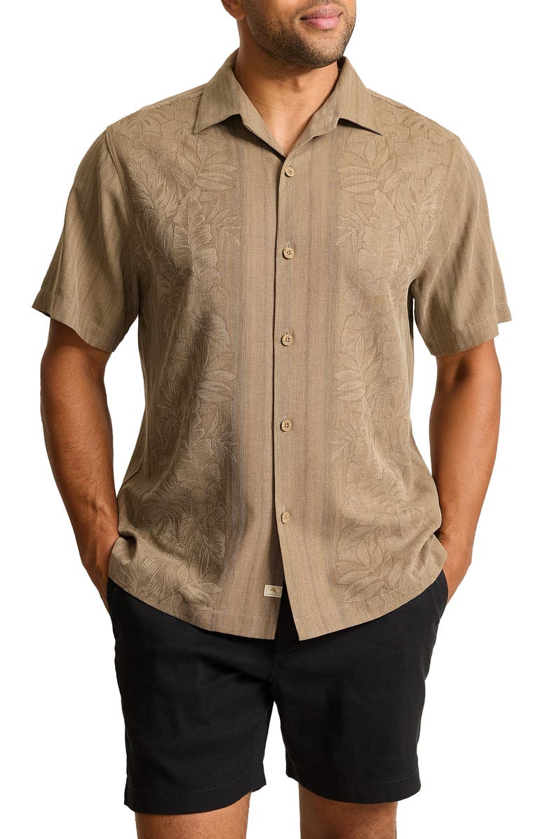 Tommy Bahama Maui Border Short Sleeve Silk Button-Up Shirt, Main, color, Soft Brown