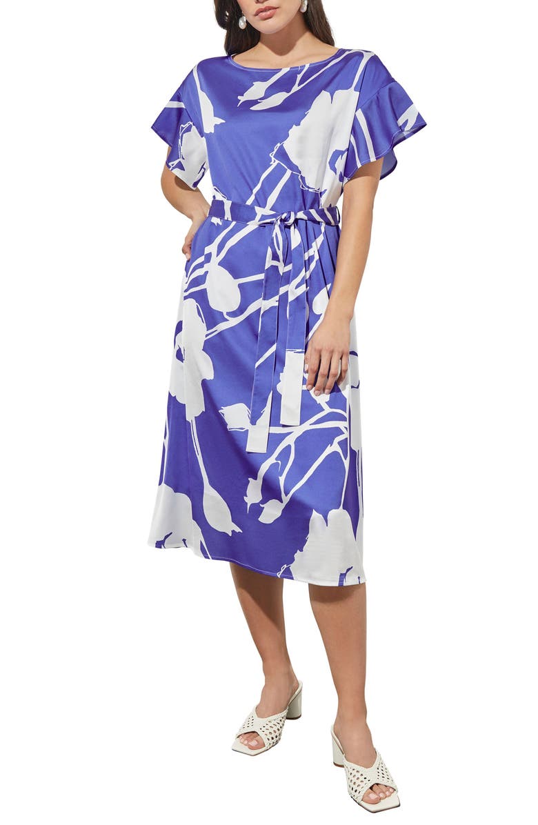Ming Wang Floral Crêpe de Chine Dress, Main, color, Saph Sea/ Wht