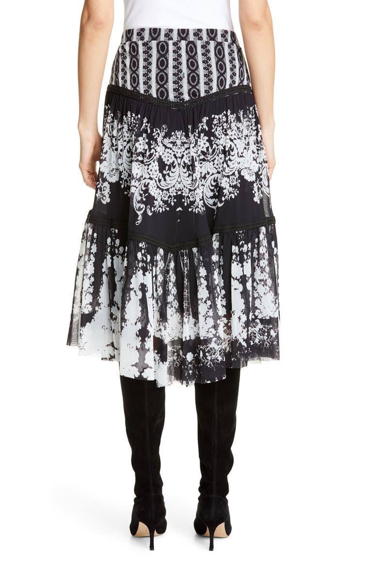 Lace Print Tiered Skirt, Alternate, color, BLACK