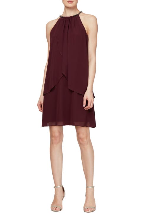 Embellished Neck Chiffon Ruffle Dress