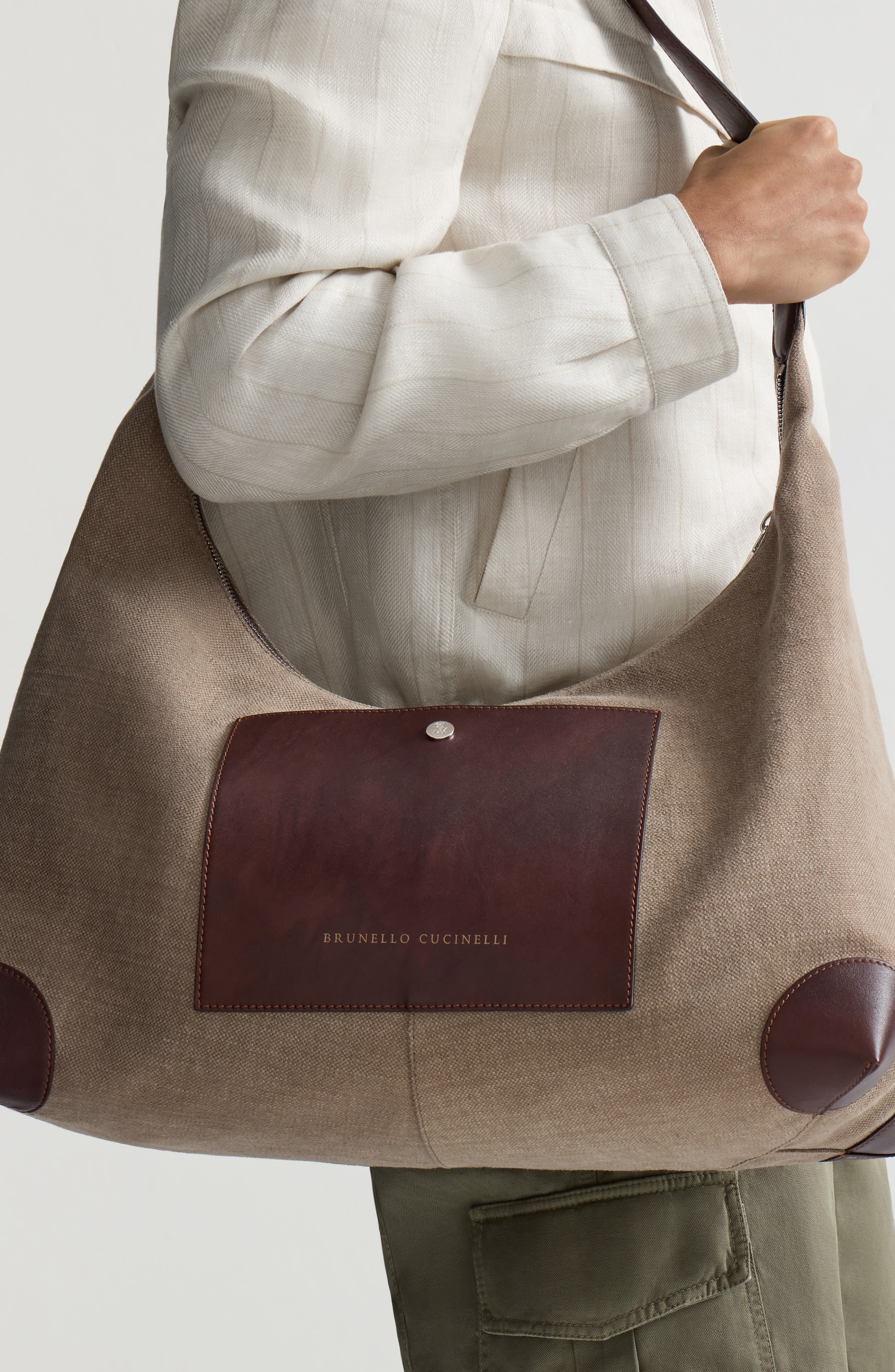 Brunello Cucinelli Canvas and calfskin messenger bag, Alternate, color, Leather