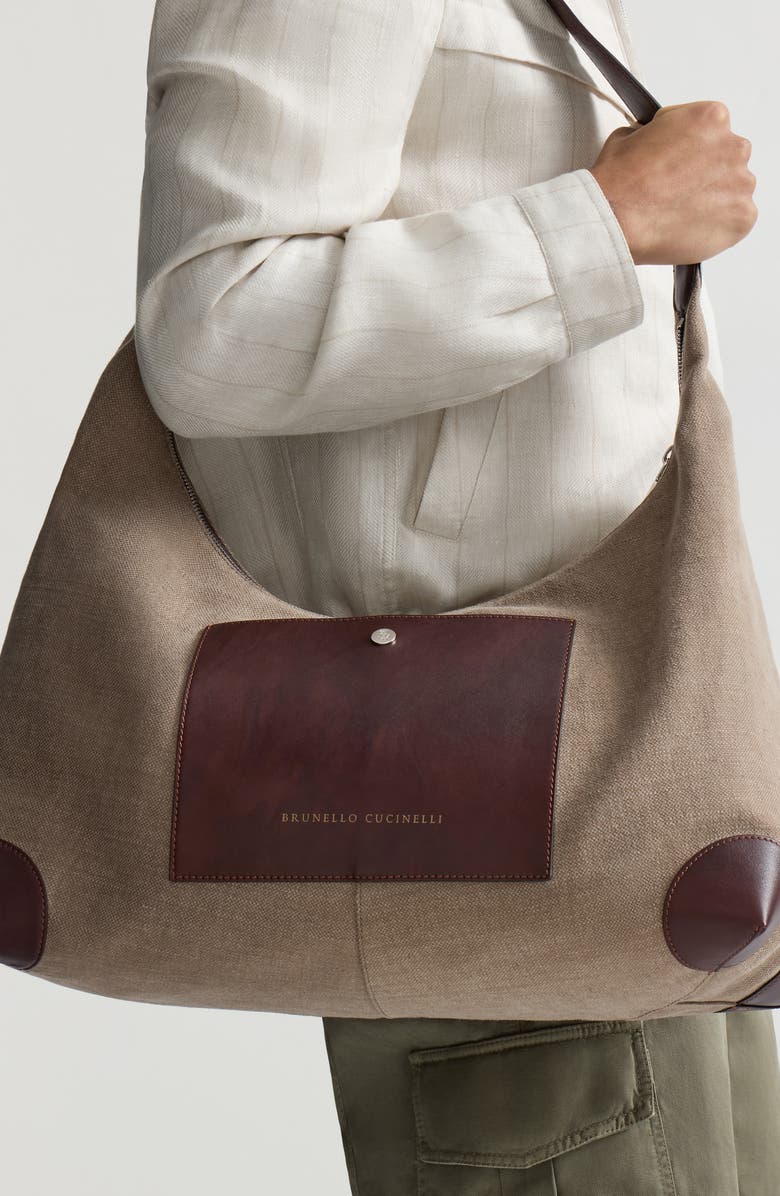 Brunello Cucinelli Canvas and calfskin messenger bag, Alternate, color, Leather