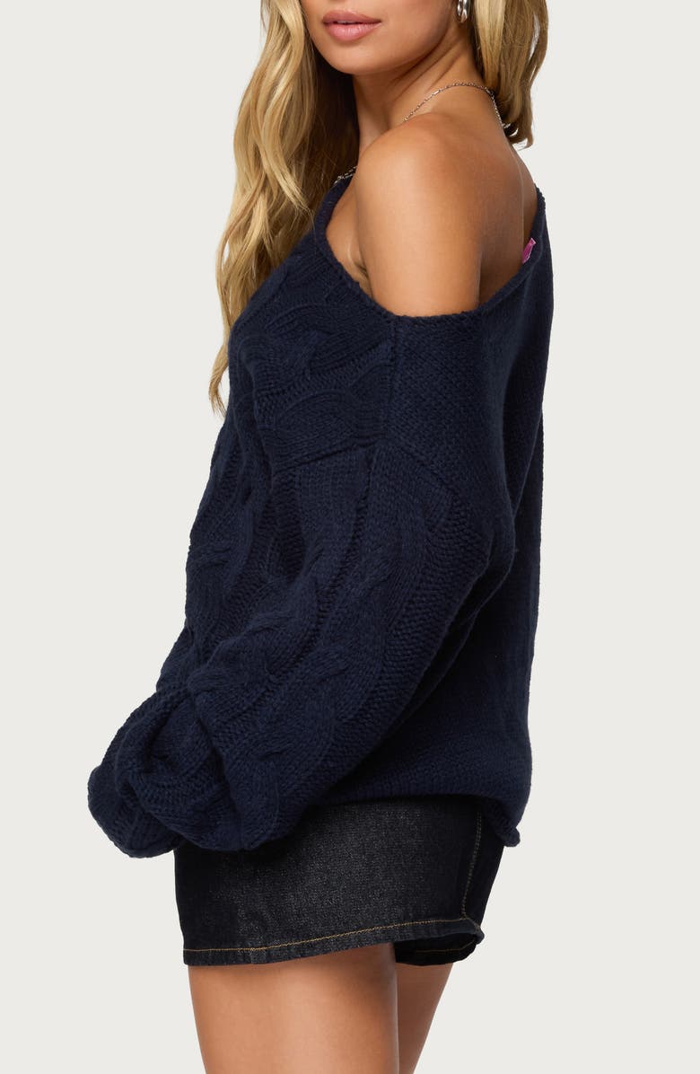 EDIKTED Nellie One-Shoulder Cable Stitch Sweater, Alternate, color, Navy