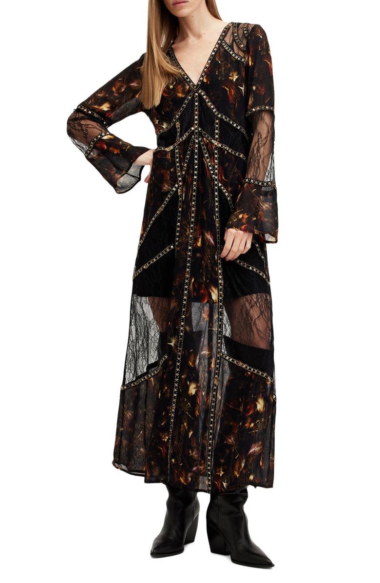 AllSaints Bryn Embellished Long Sleeve Maxi Dress, Main, color,