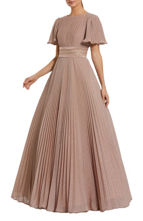 Pleated Shimmering Georgette Flutter Sleeve Gown