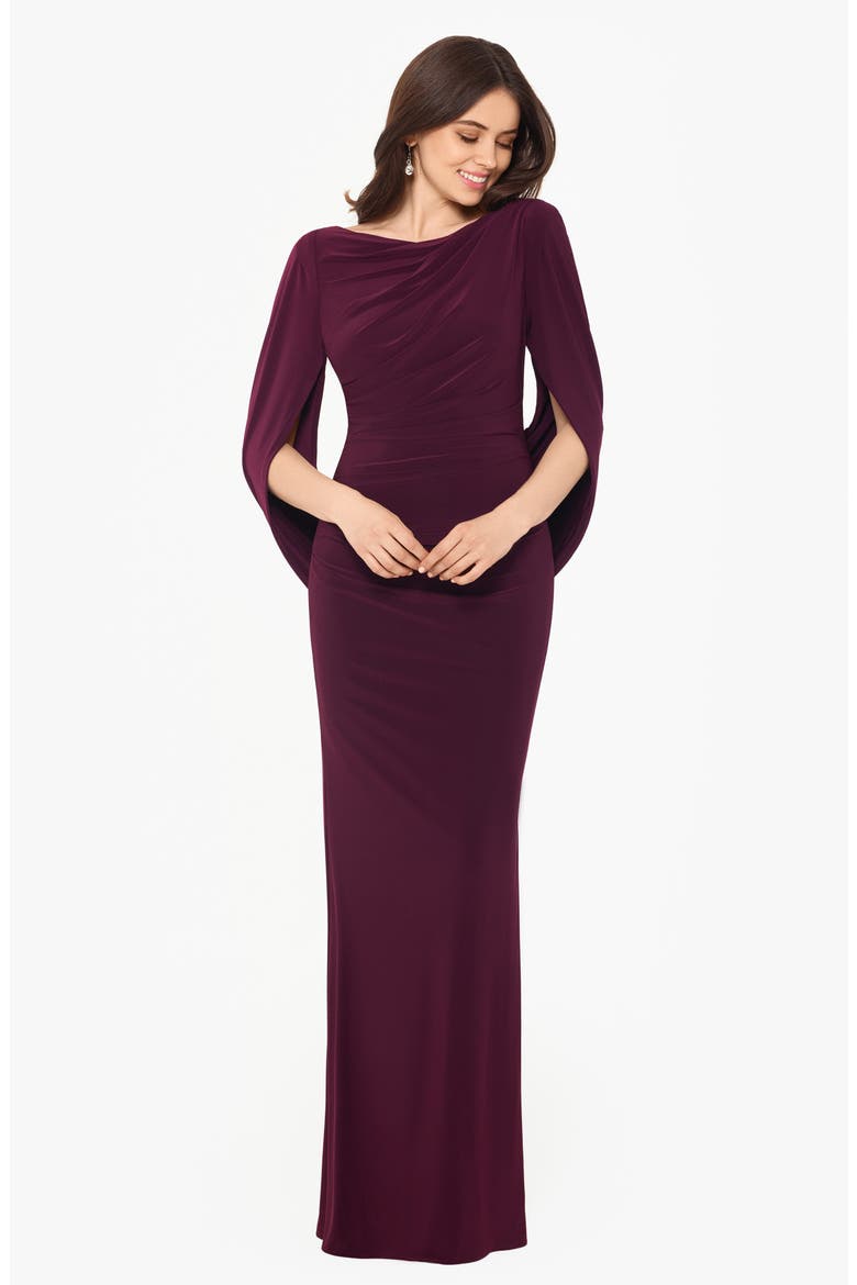 Cape Long Sleeve Trumpet Gown, Alternate, color, WINE
