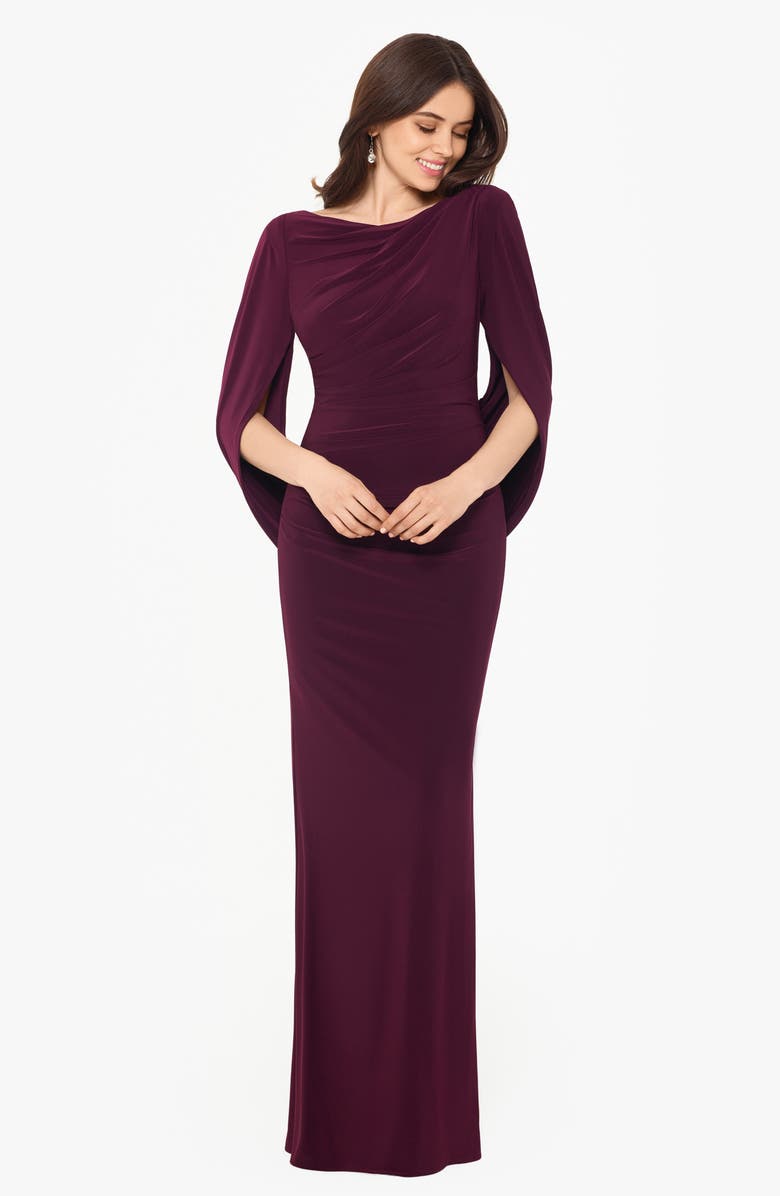Betsy & Adam Cape Long Sleeve Trumpet Gown, Alternate, color, Wine