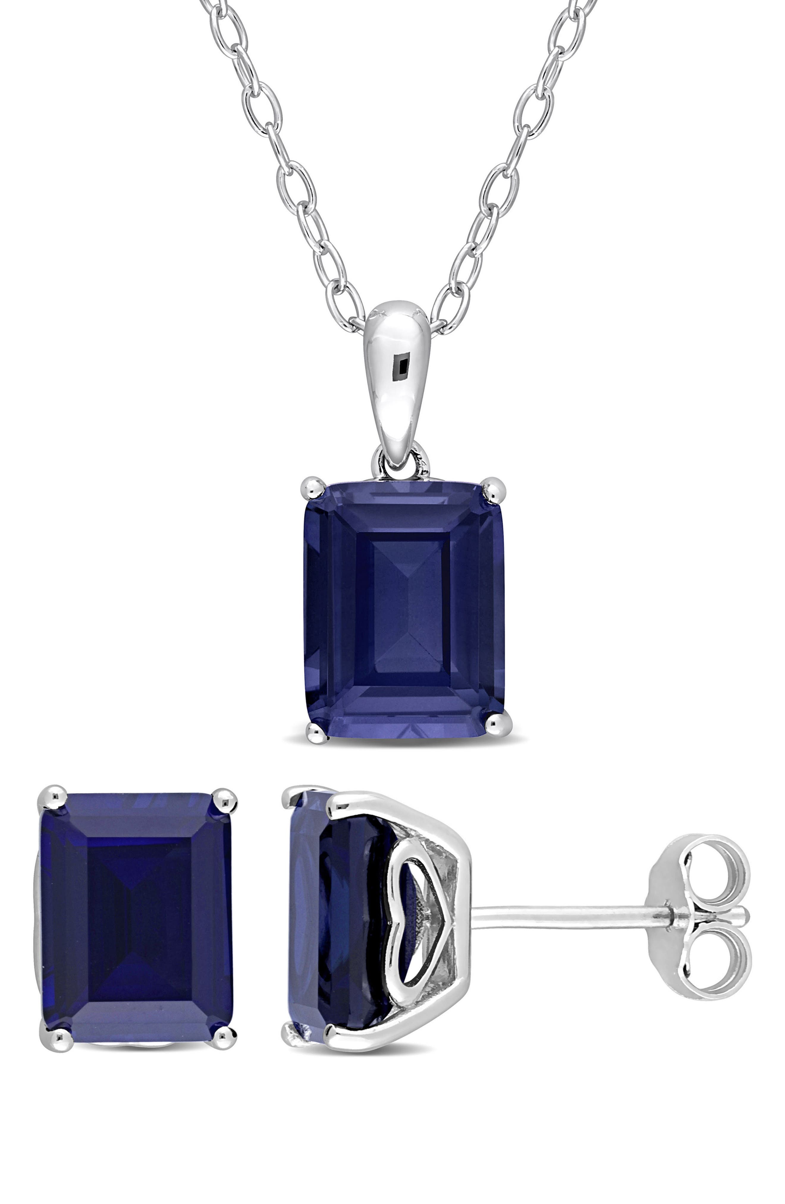 DELMAR Emerald Cut Lab Created Sapphire Pendant Necklace & Stud Earrings Set