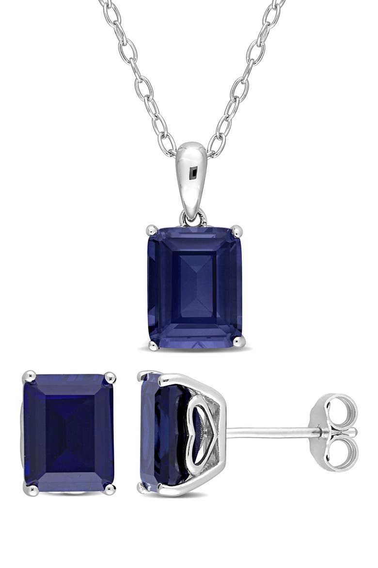 Emerald Cut Lab Created Sapphire Pendant Necklace & Stud Earrings Set, Main, color, BLUE