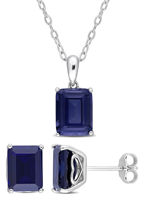 Emerald Cut Lab Created Sapphire Pendant Necklace & Stud Earrings Set