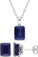 DELMAR Emerald Cut Lab Created Sapphire Pendant Necklace & Stud Earrings Set