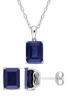 DELMAR Emerald Cut Lab Created Sapphire Pendant Necklace & Stud Earrings Set