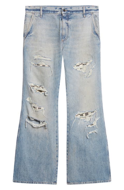 Checkered Rip & Repair Bootcut Jeans (Aged Indigo)