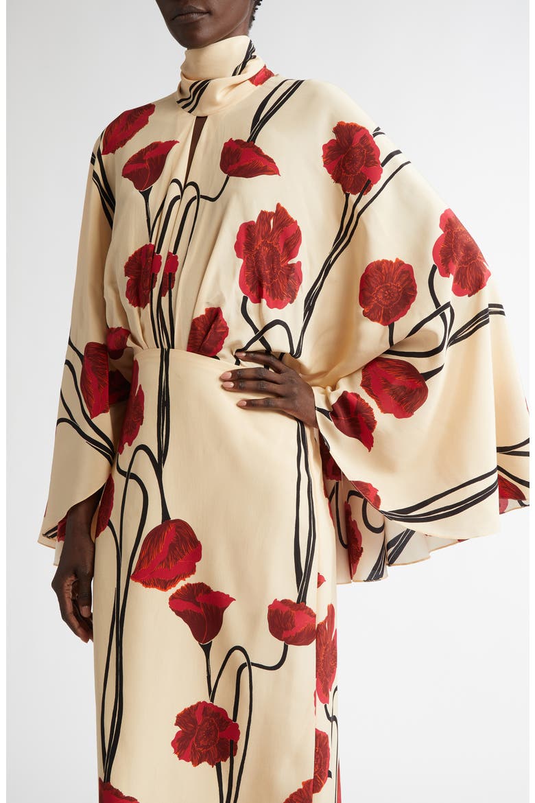 Parajes Lejanos Long Sleeve Silk Midi Dress, Alternate, color, PAPAVER SOMNIFERUM/ ECRU