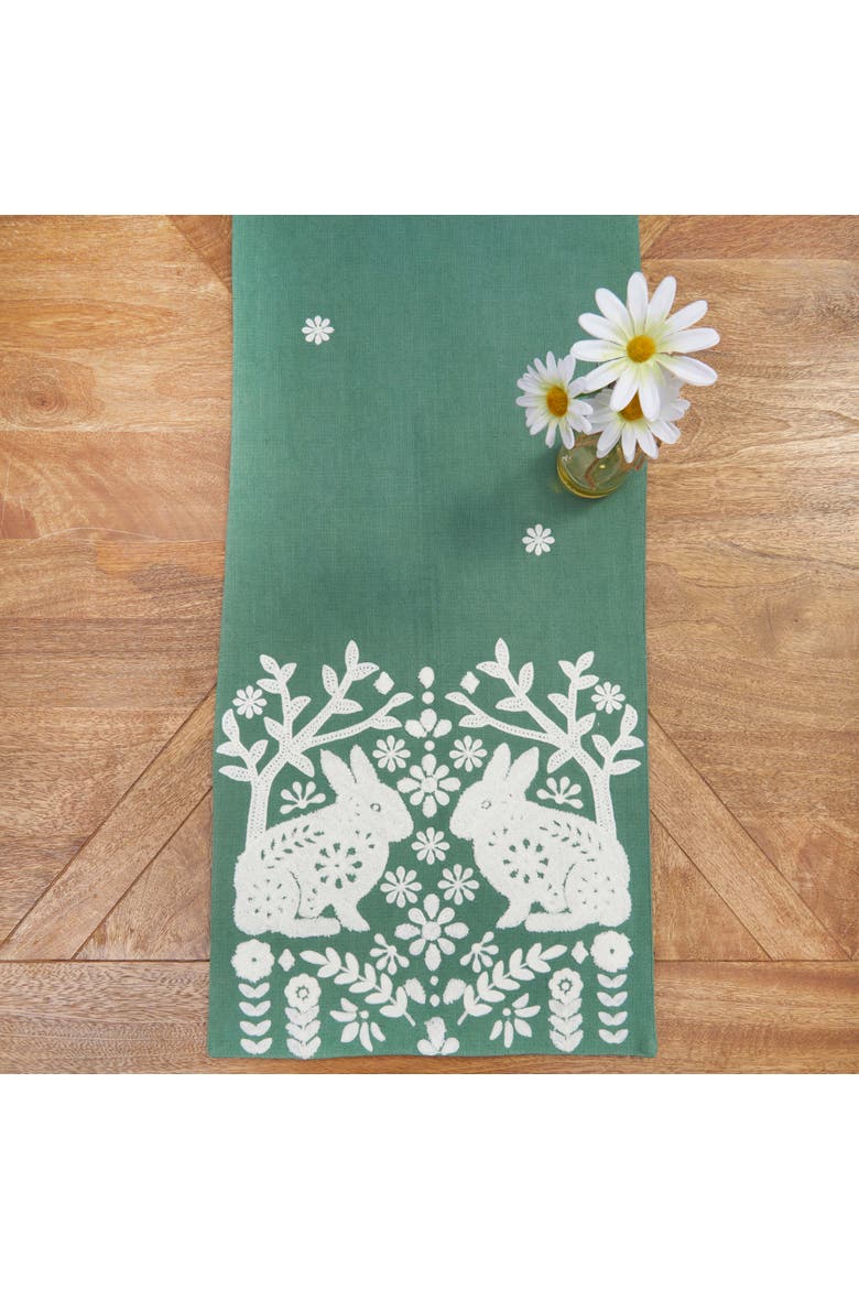 Woodland Spring Bunny 100% Cotton Table Runner, 14" x 72", Alternate, color, Green
