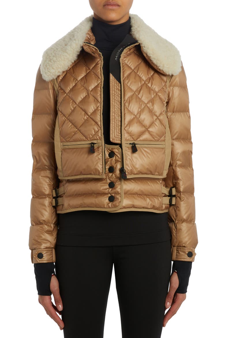 Chaviere Quilted Down Jacket with Genuine Shearling Trim, Alternate, color, BEIGE