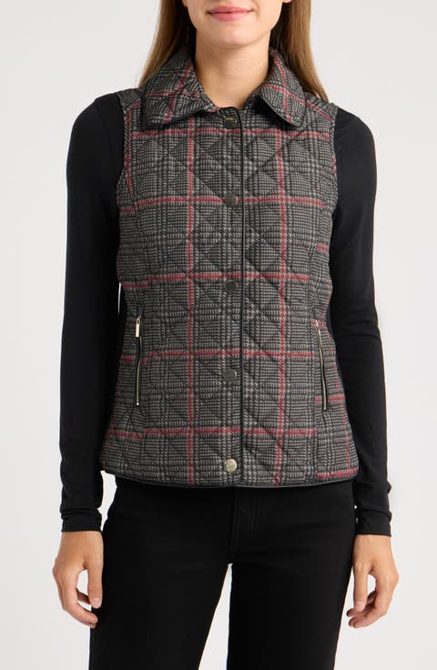Printed Quilted Vest with Faux Leather Trim