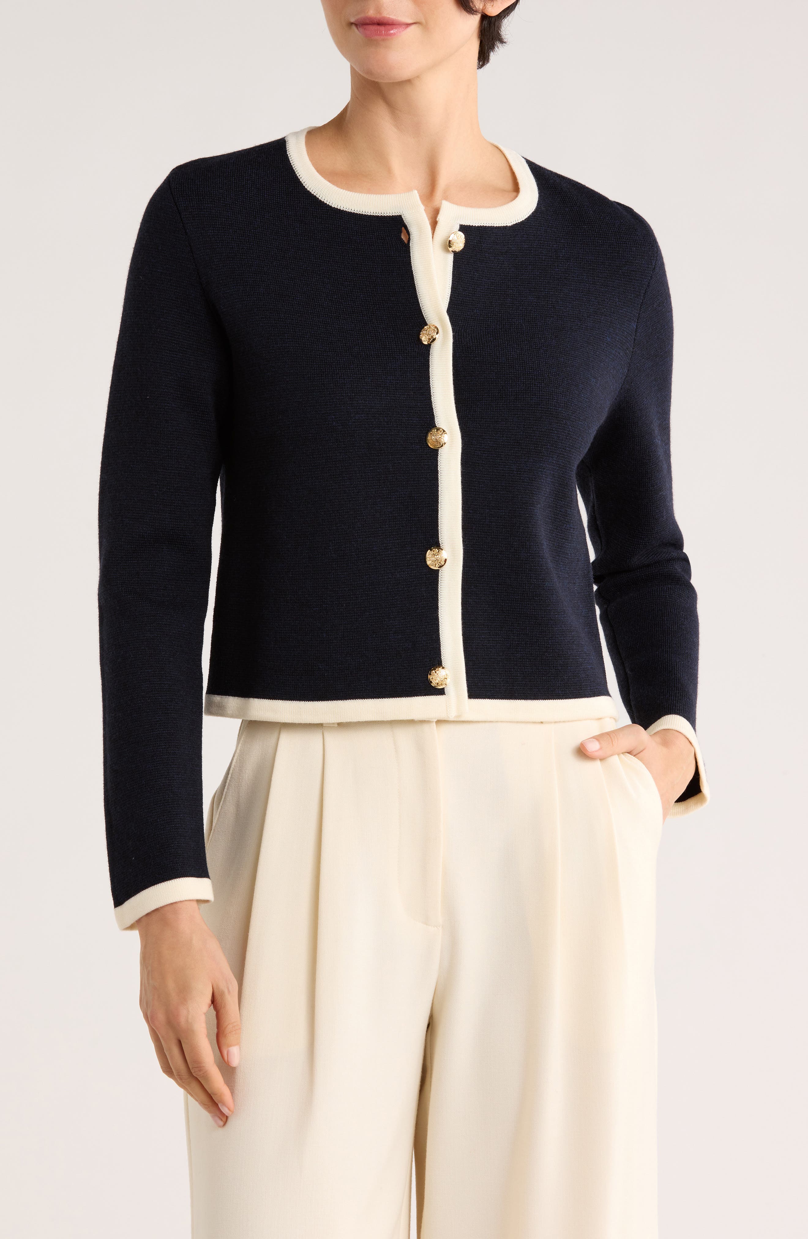 Bruno Magli Tipped Merino Wool Crop Cardigan