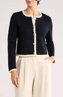 Bruno Magli Tipped Merino Wool Crop Cardigan