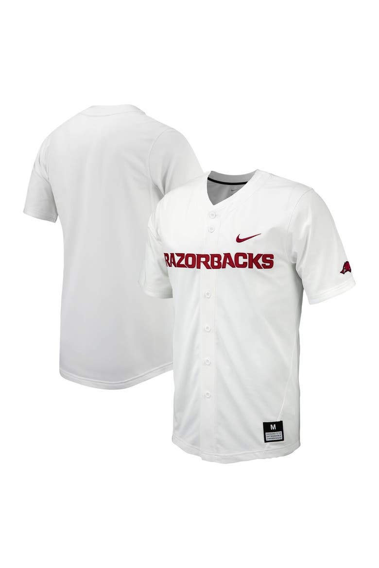 Men's Nike White Arkansas Razorbacks Replica Full-Button Baseball Jersey, Main, color, White