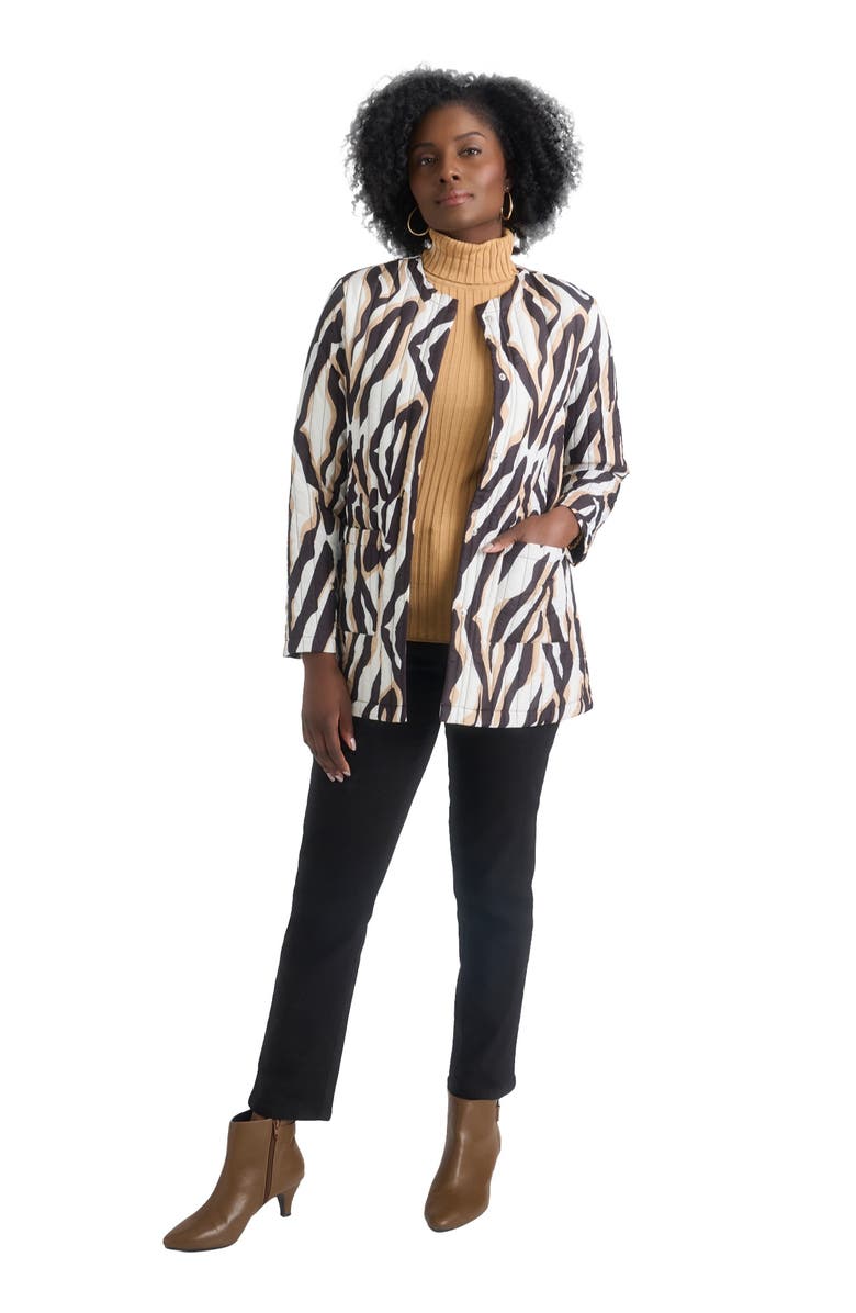 Jessica London Collarless Quilted Jacket, Main, color, Ivory Abstract Zebra