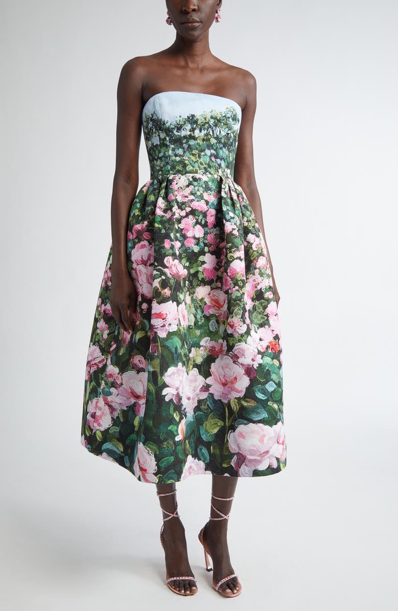Oscar de la Renta Rose Field Strapless Silk Faille Cocktail Dress, Main, color, 